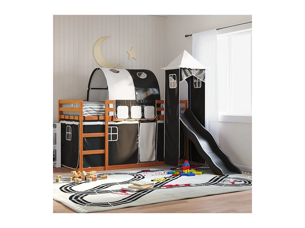 Letto a Castello con Scivolo e Tende Bianco e Nero 90x200 cm