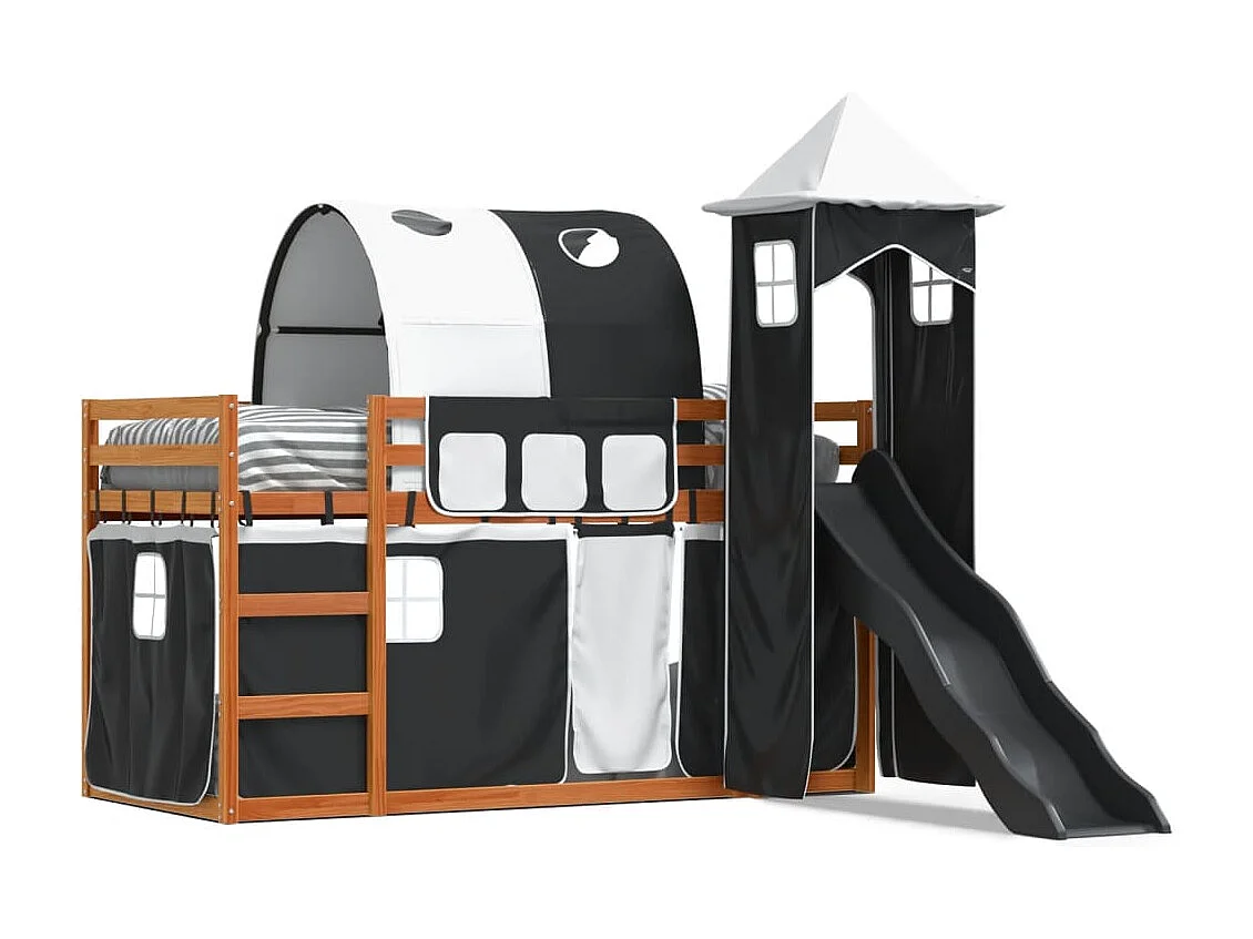 Lit superposé sans matelas avec toboggan blanc noir 90x200 cm