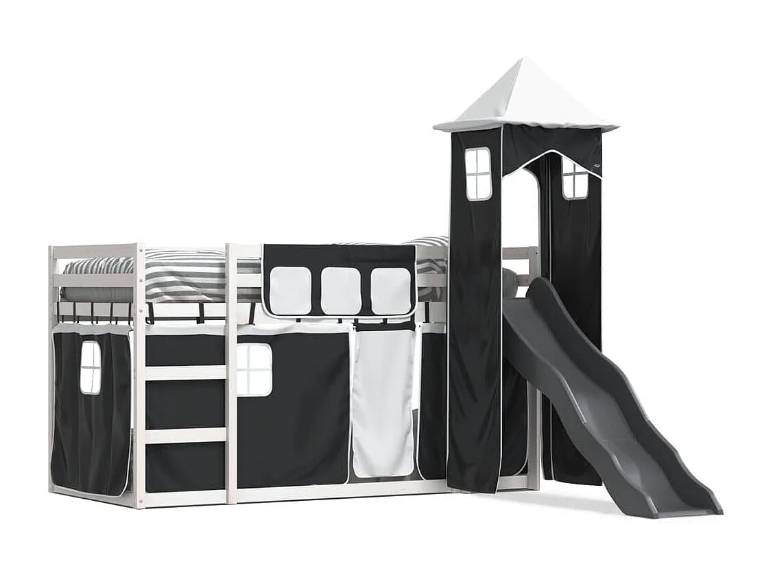 Letto a Castello con Scivolo e Tende Bianco e Nero 90x200 cm