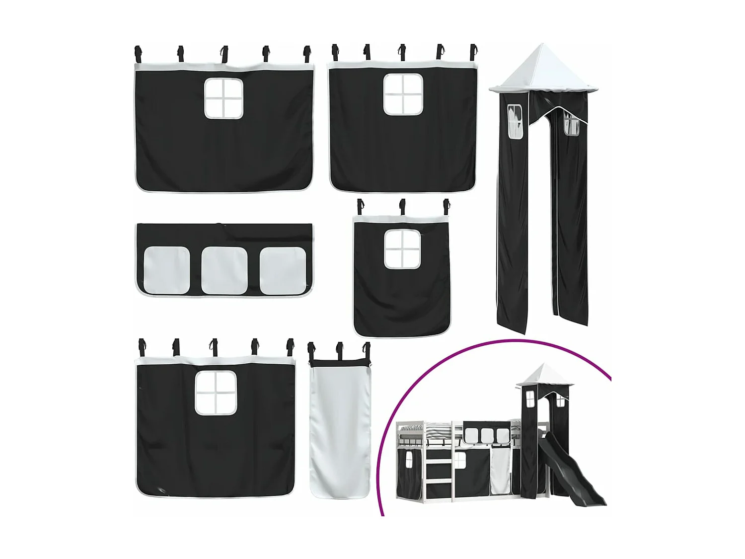 Letto a Castello con Scivolo e Tende Bianco e Nero 90x200 cm