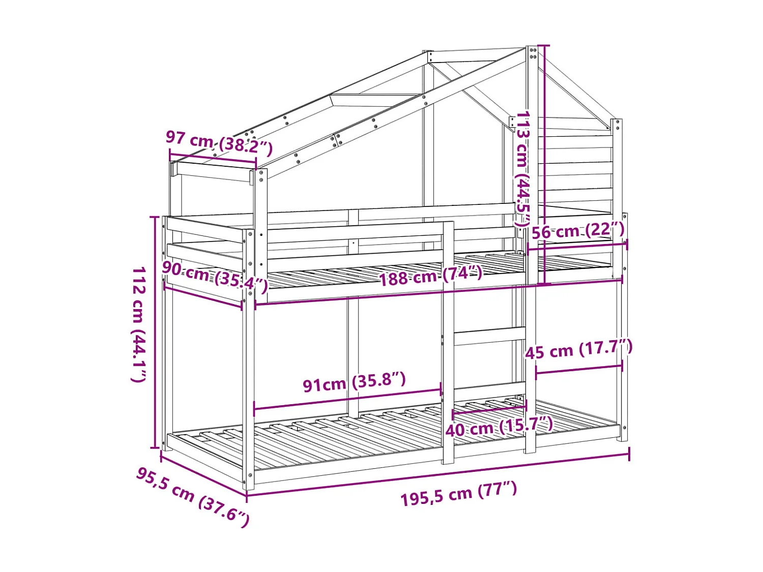 Lit superposé sans matelas cire marron 90x190 cm pin massif