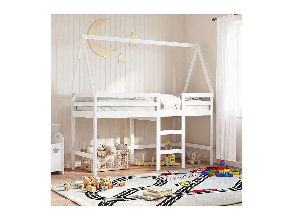Halfhoogslaper met ladder en bedhuis grenenhout wit 80x200 cm