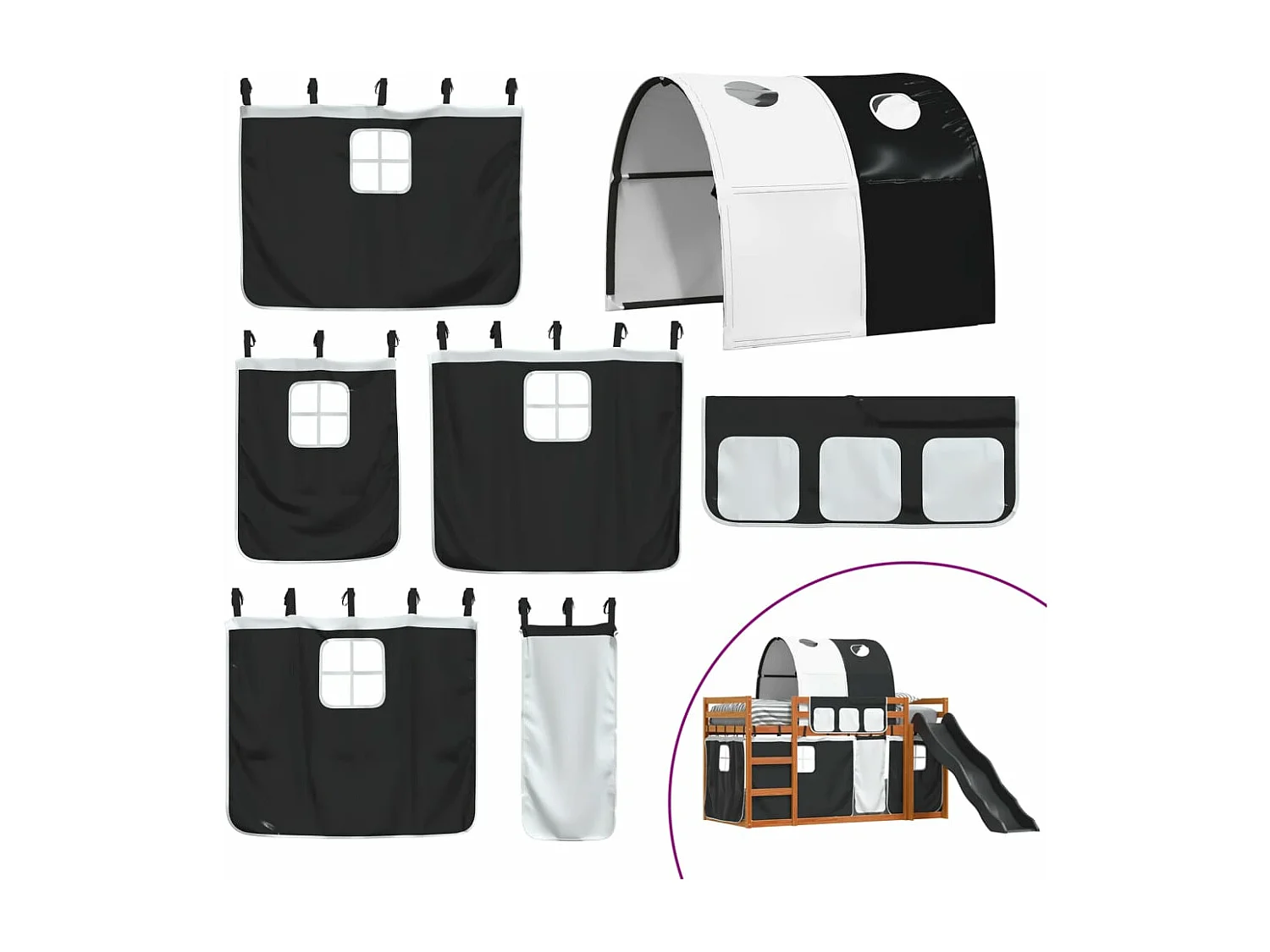 Lit superposé sans matelas avec toboggan blanc noir 90x200 cm