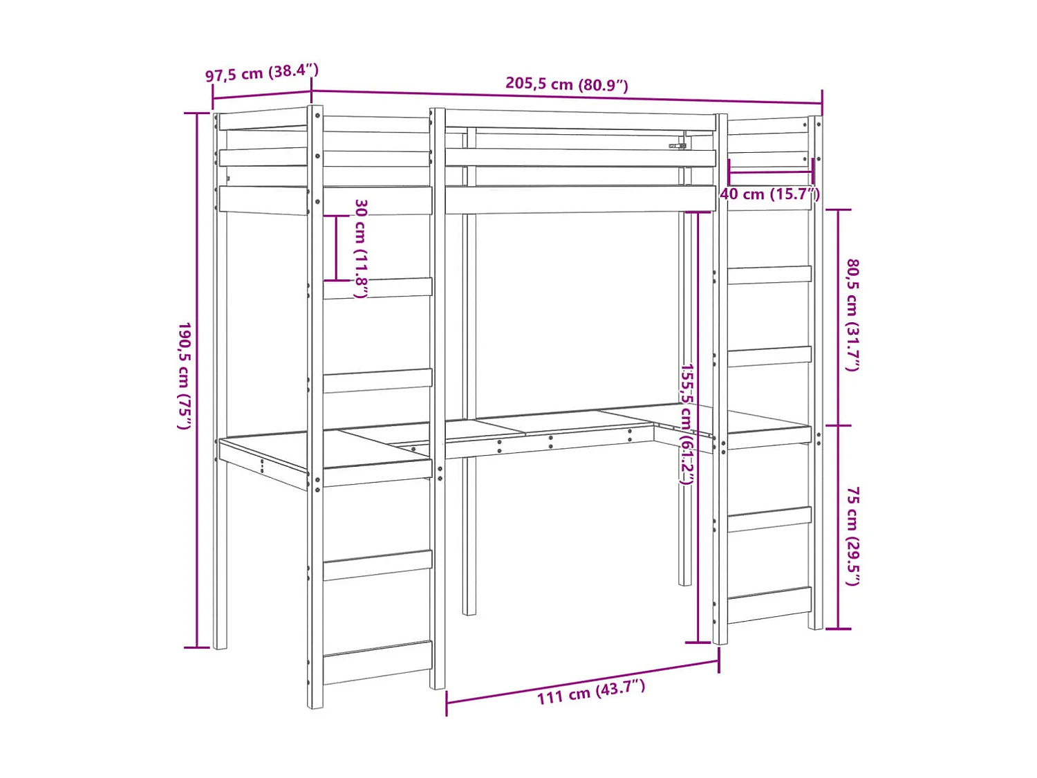 Cadre de lit superposé sans matelas 90x200 cm bois pin massif