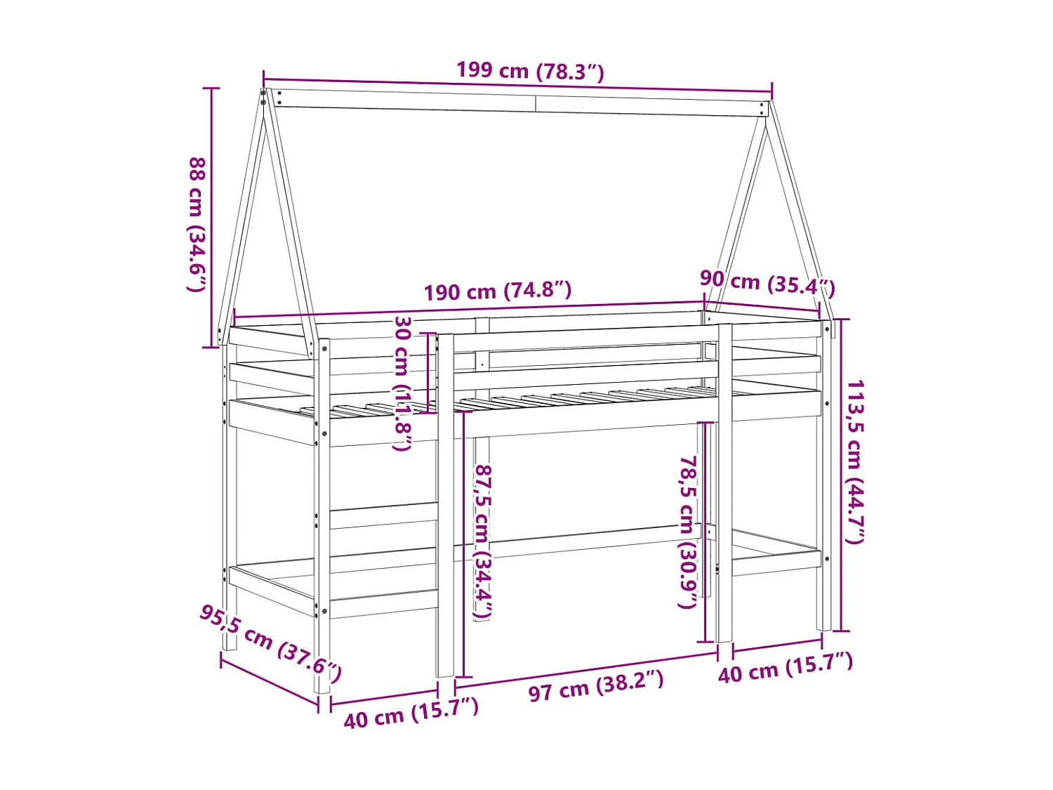 Lit superposé avec échelle et toit sans matelas 90x190 cm