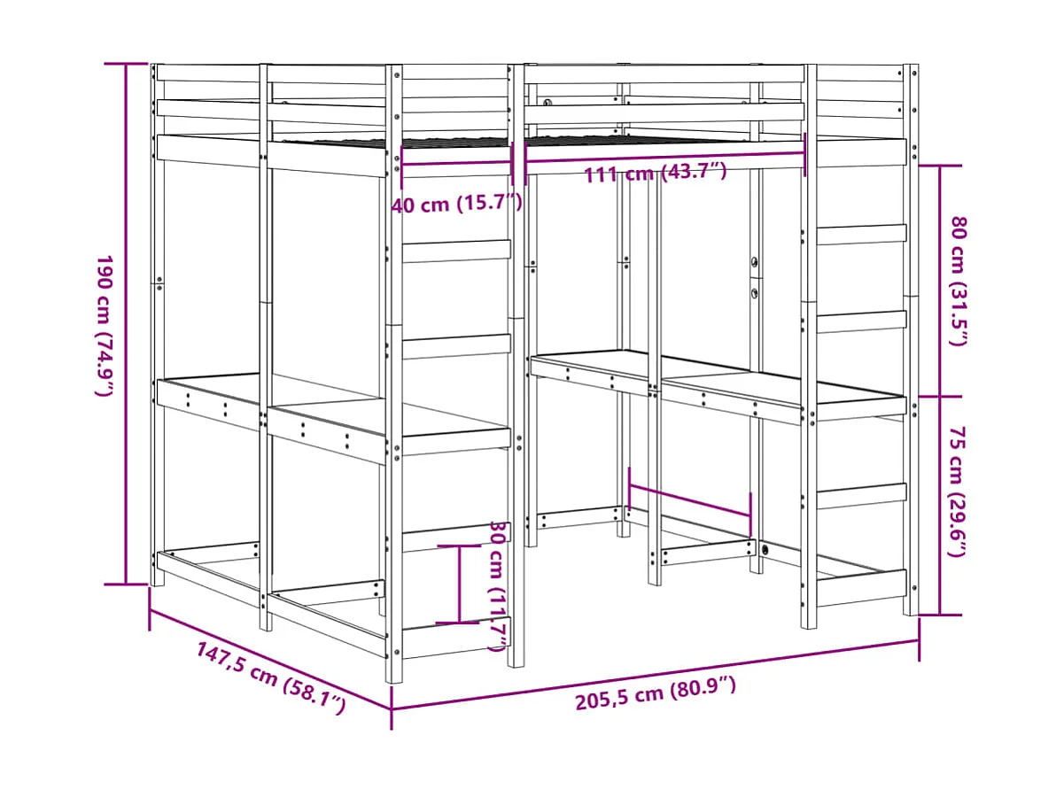 Lit superposé et bureau et échelle 140x200cm bois de pin massif
