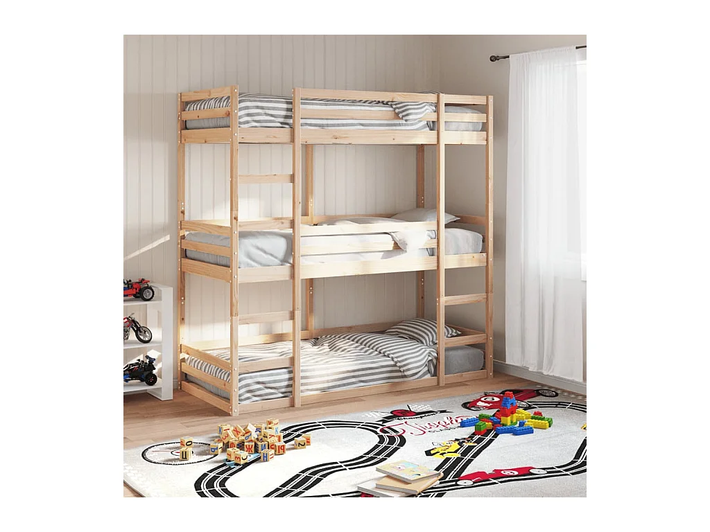 Letto a Castello Triplo 75x190 cm in Legno Massello di Pino