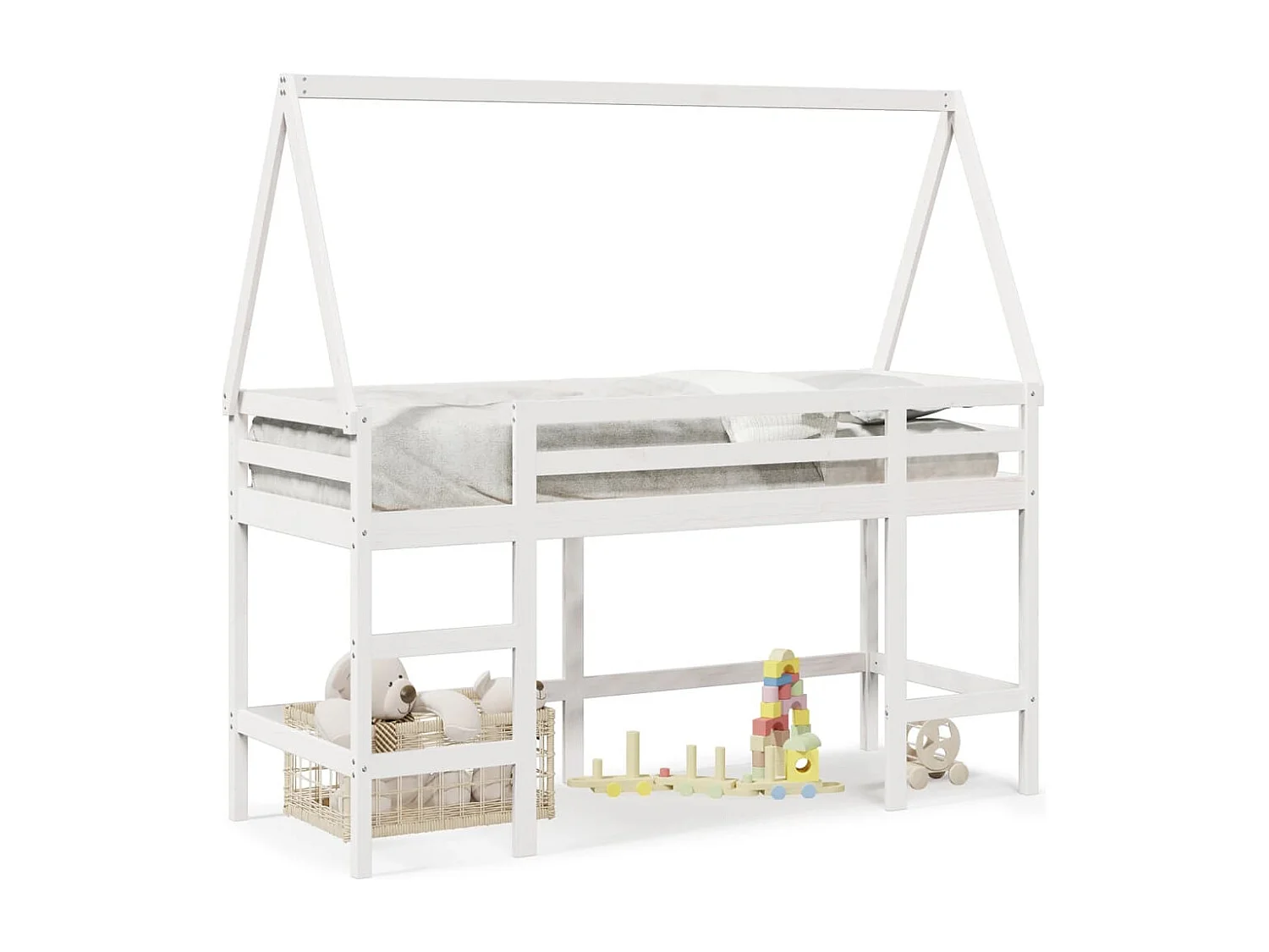 Cama alta escalera y techo madera maciza pino blanca 90x200 cm