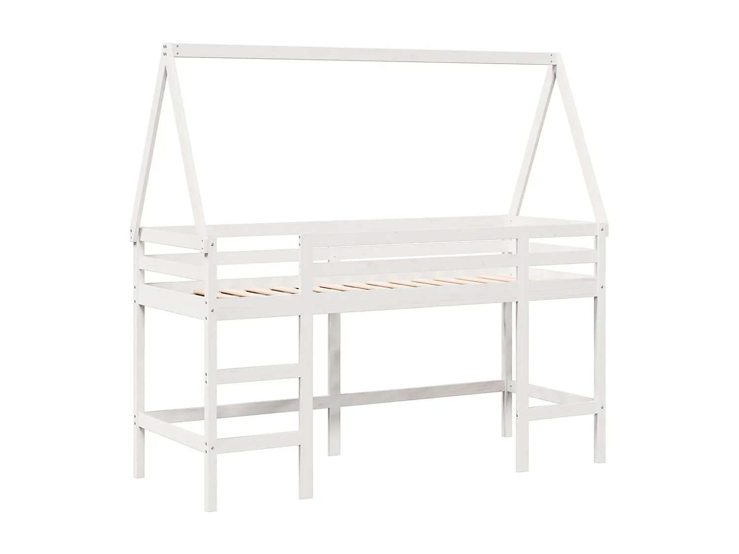 Cama alta escalera y techo madera maciza pino blanca 90x200 cm