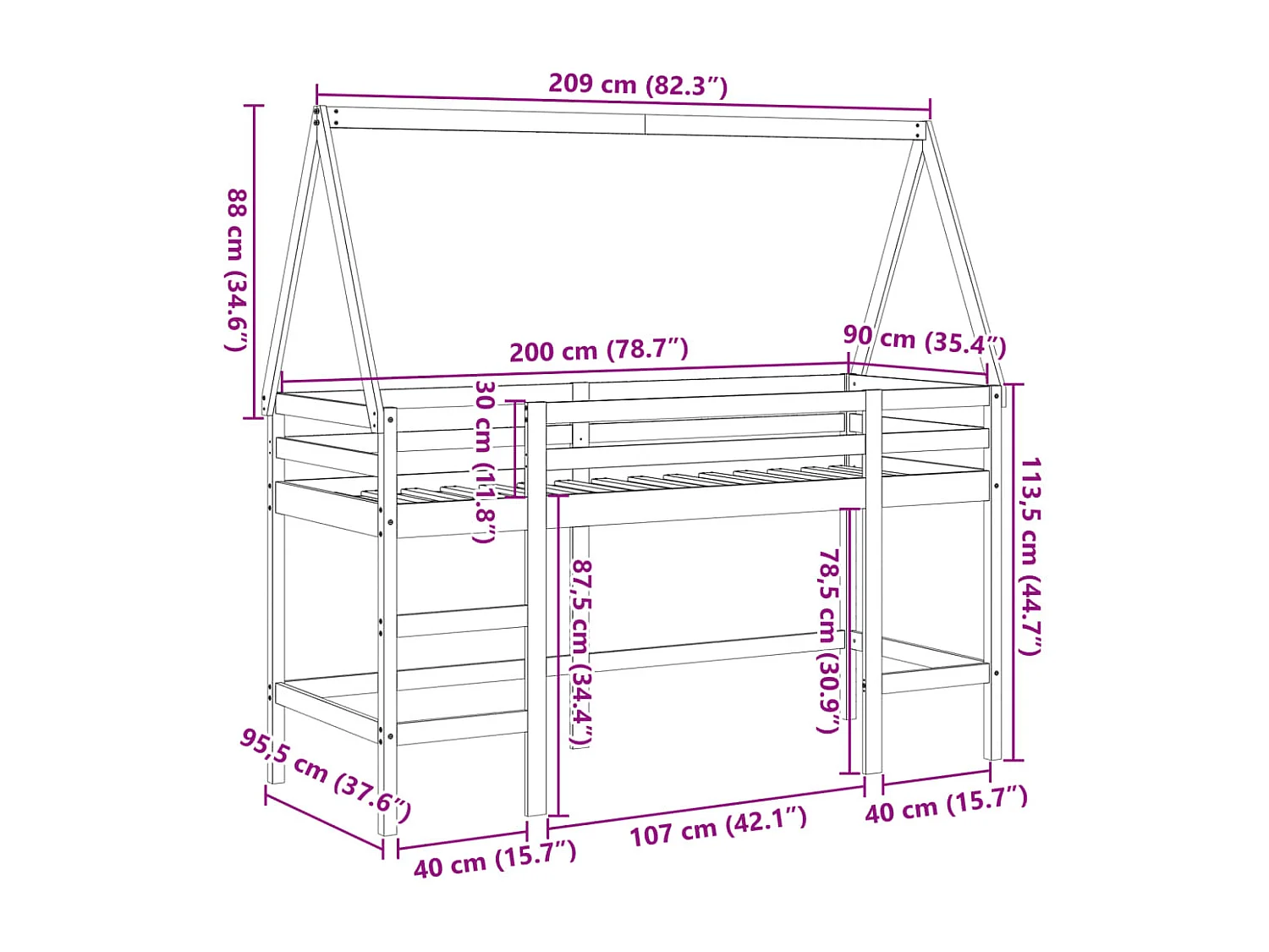 Cama alta escalera y techo madera maciza pino blanca 90x200 cm