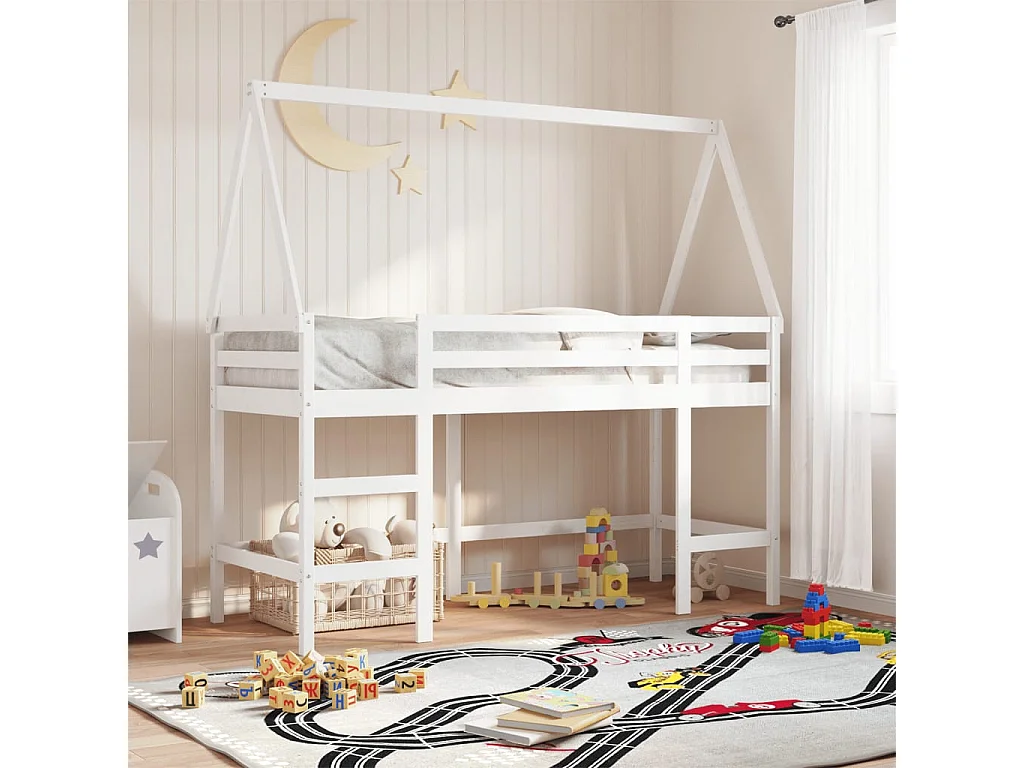 Cama alta c/ escada e telhado 90x200 cm pinho maciço branco