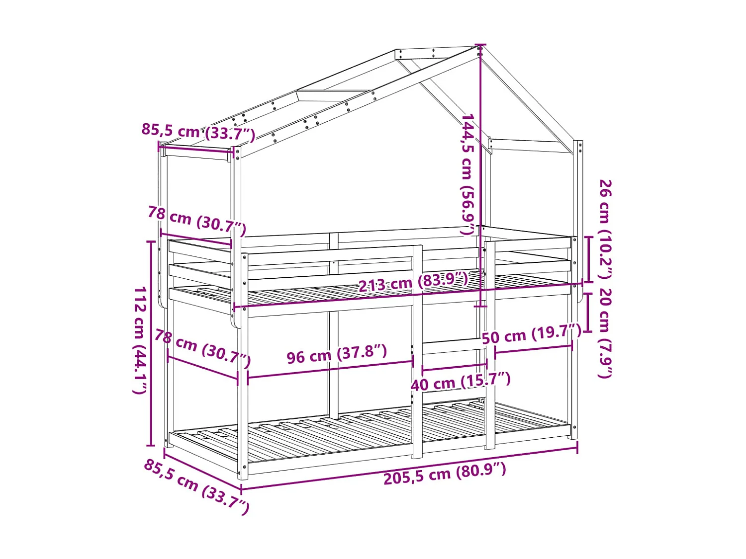 Letto a Castello con Tetto Cera 80x200 cm Legno Massello Pino