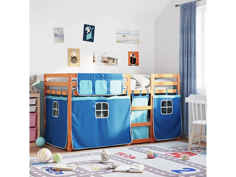 Stapelbed met gordijnen 90x190 cm massief grenenhout blauw