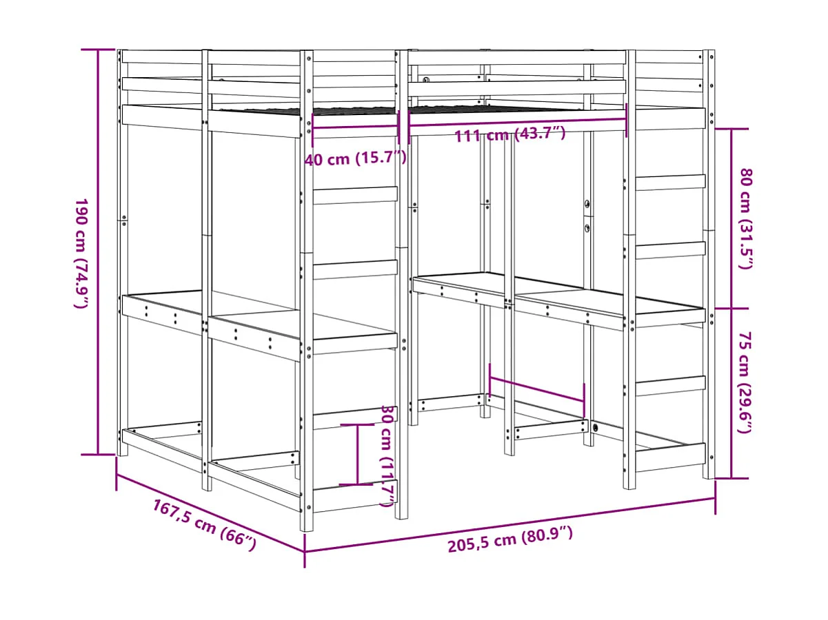 Hochbett mit Schreibtisch & Leiter 160x200 cm Massivholz Kiefer