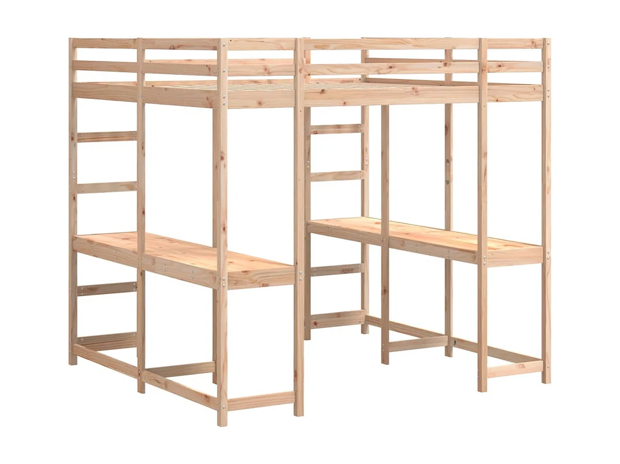 Letto Soppalco con Scrivania e Scala 160x200 cm Massello Pino