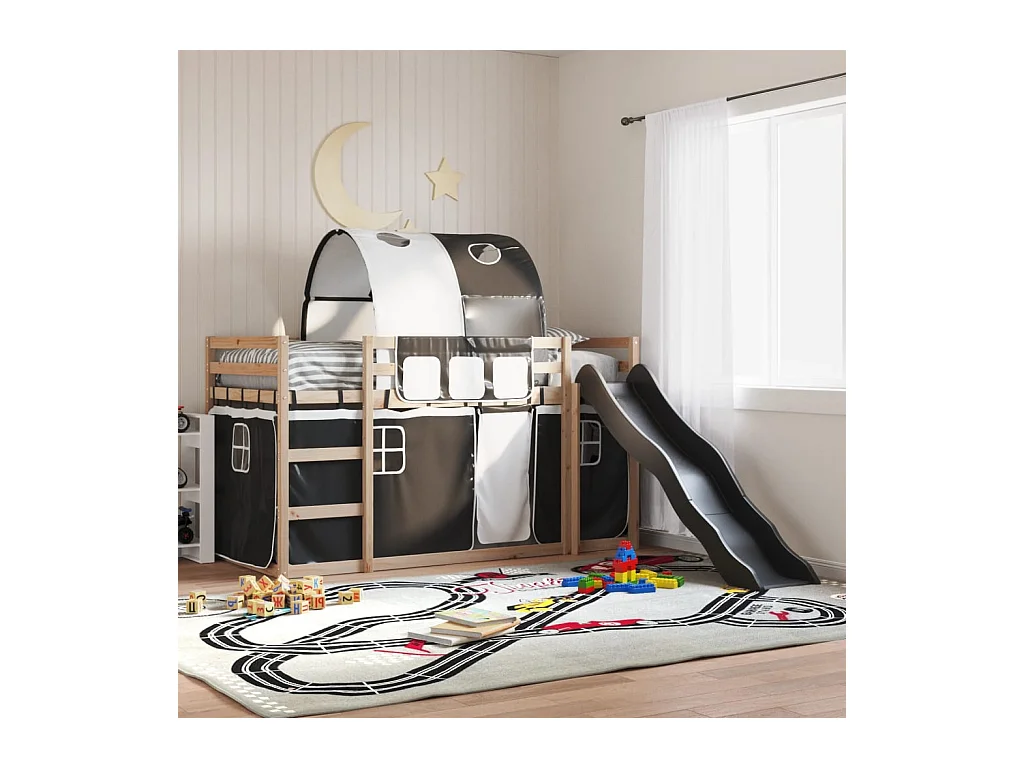 Letto a Castello con Scivolo e Tende Bianco e Nero 90x200 cm