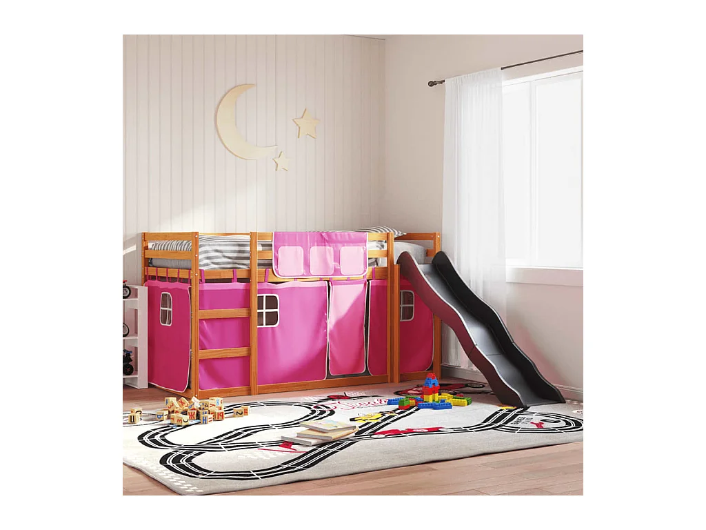 Letto a Castello con Scivolo e Tende Rosa 90x200 cm