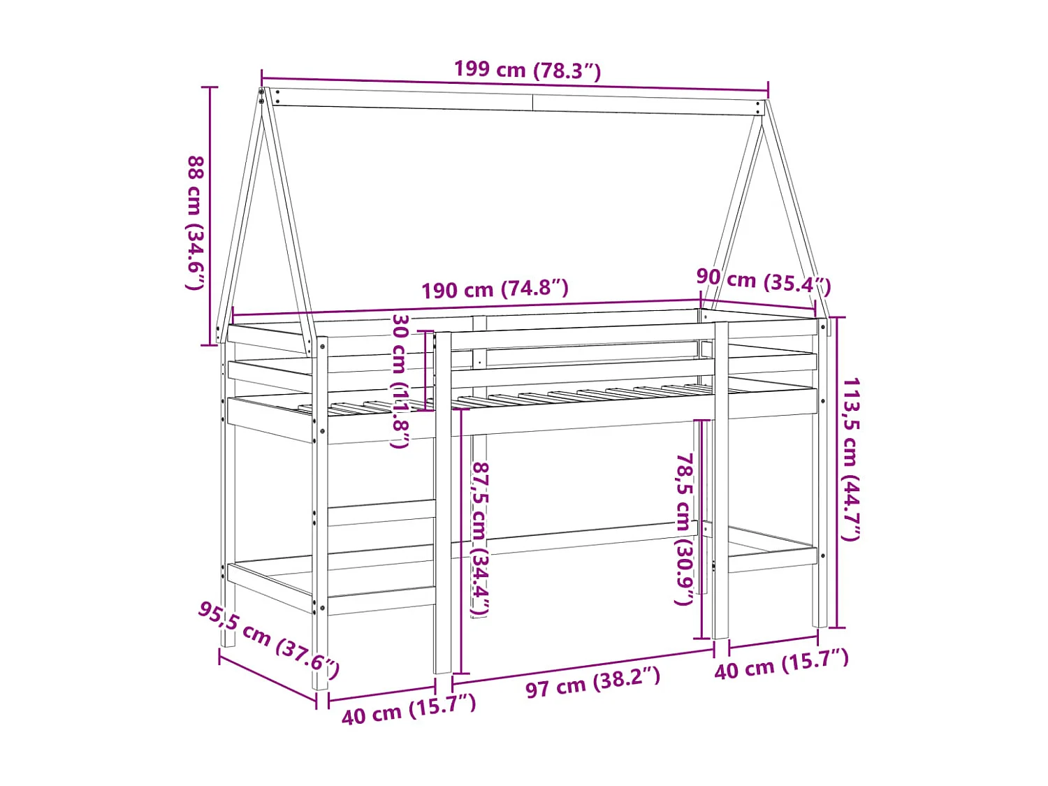 Lit superposé avec échelle et toit sans matelas blanc 90x190 cm