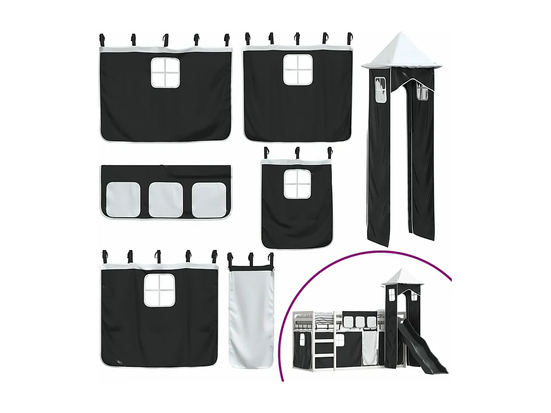 Lit superposé sans matelas avec toboggan blanc noir 90x190 cm