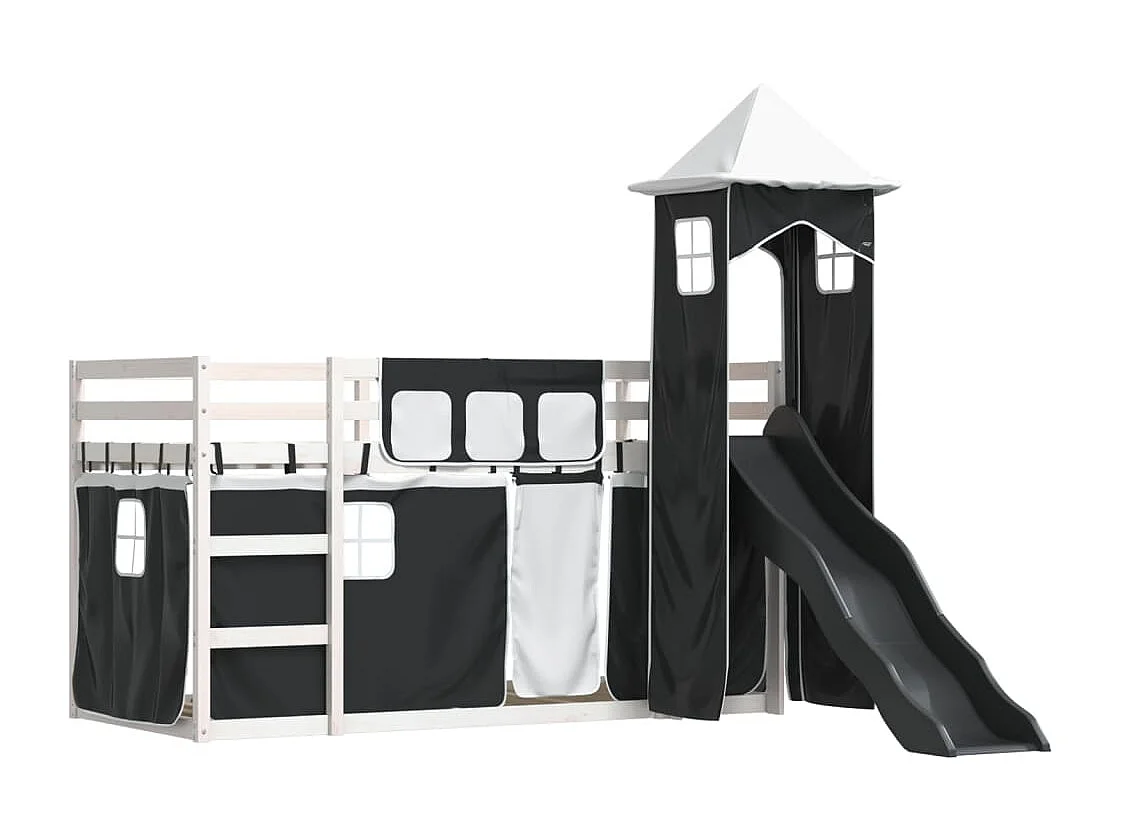 Lit superposé sans matelas avec toboggan blanc noir 90x190 cm