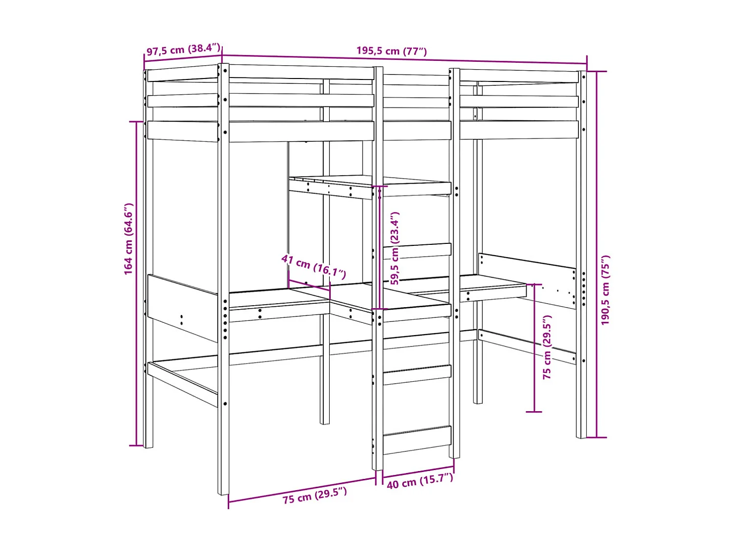 Cadre de lit superposé sans matelas 90x190cm bois de pin massif