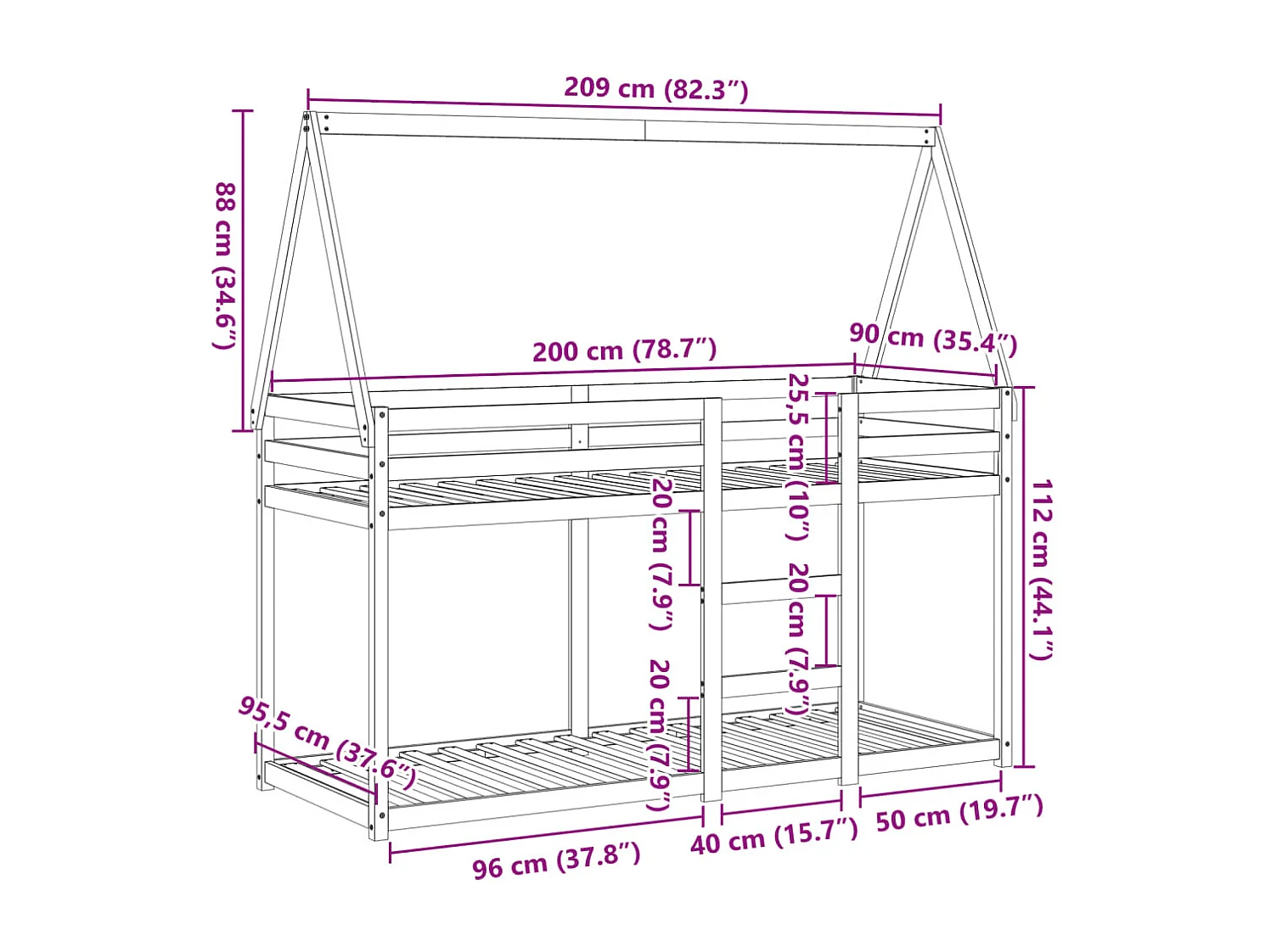 Lit superposé sans matelas blanc 80x200 cm bois de pin massif