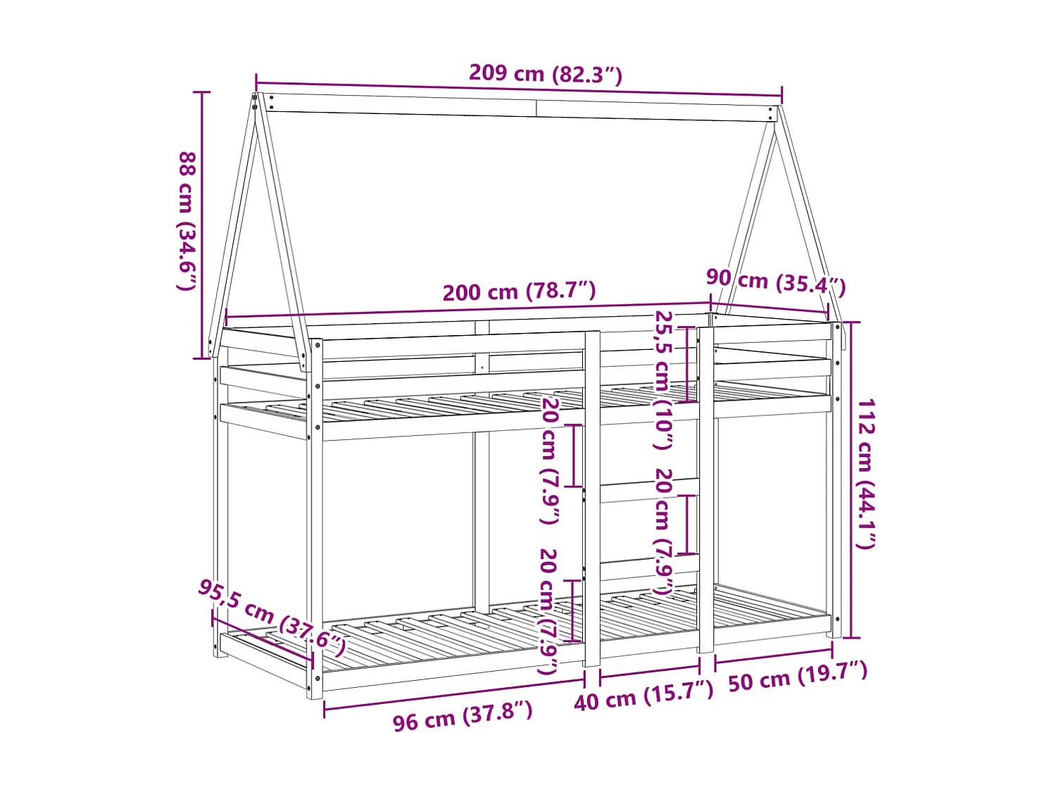 Lit superposé sans matelas blanc 80x200 cm bois de pin massif