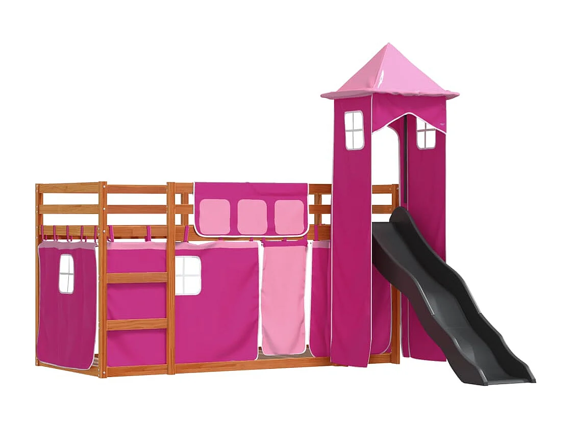 Lit superposé sans matelas avec toboggan et rideaux 90x200 cm