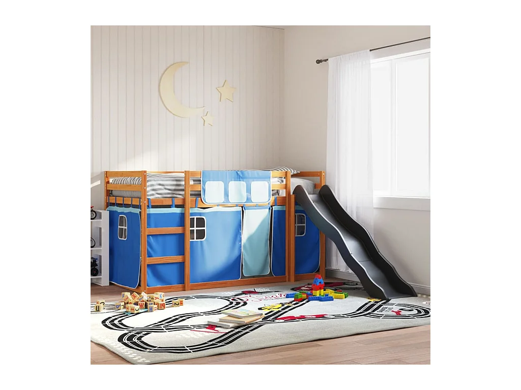 Letto a Castello con Scivolo e Tende Blu 90x200 cm