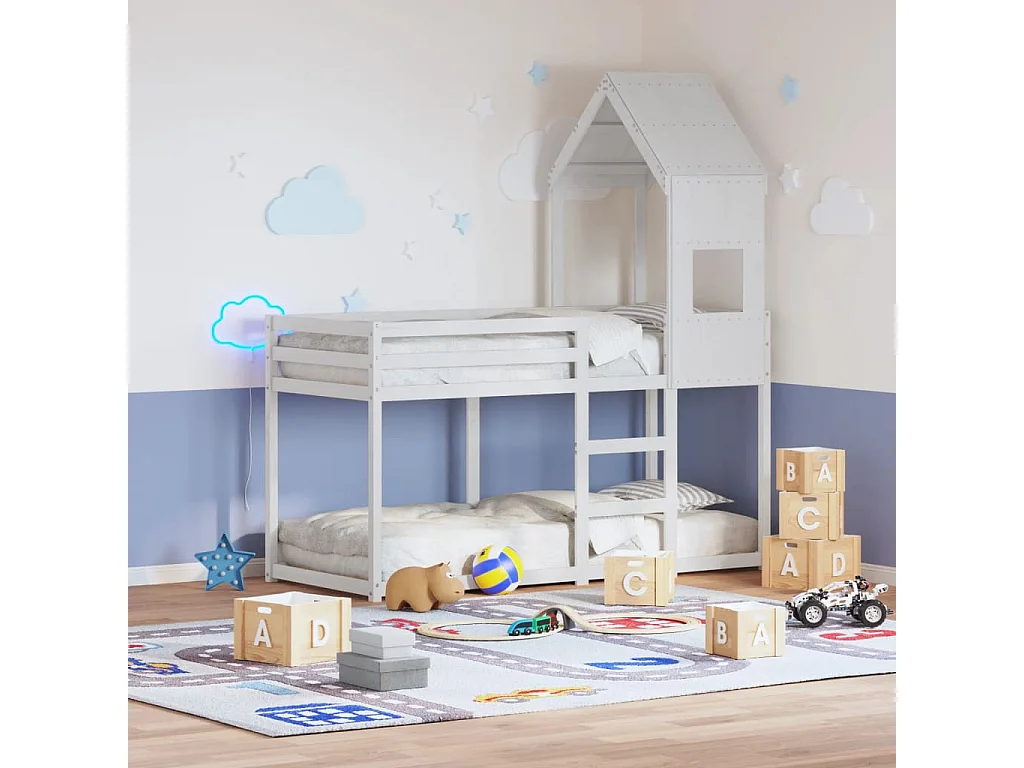 Letto a Castello con Tetto Bianco 75x190 cm Legno Massello Pino