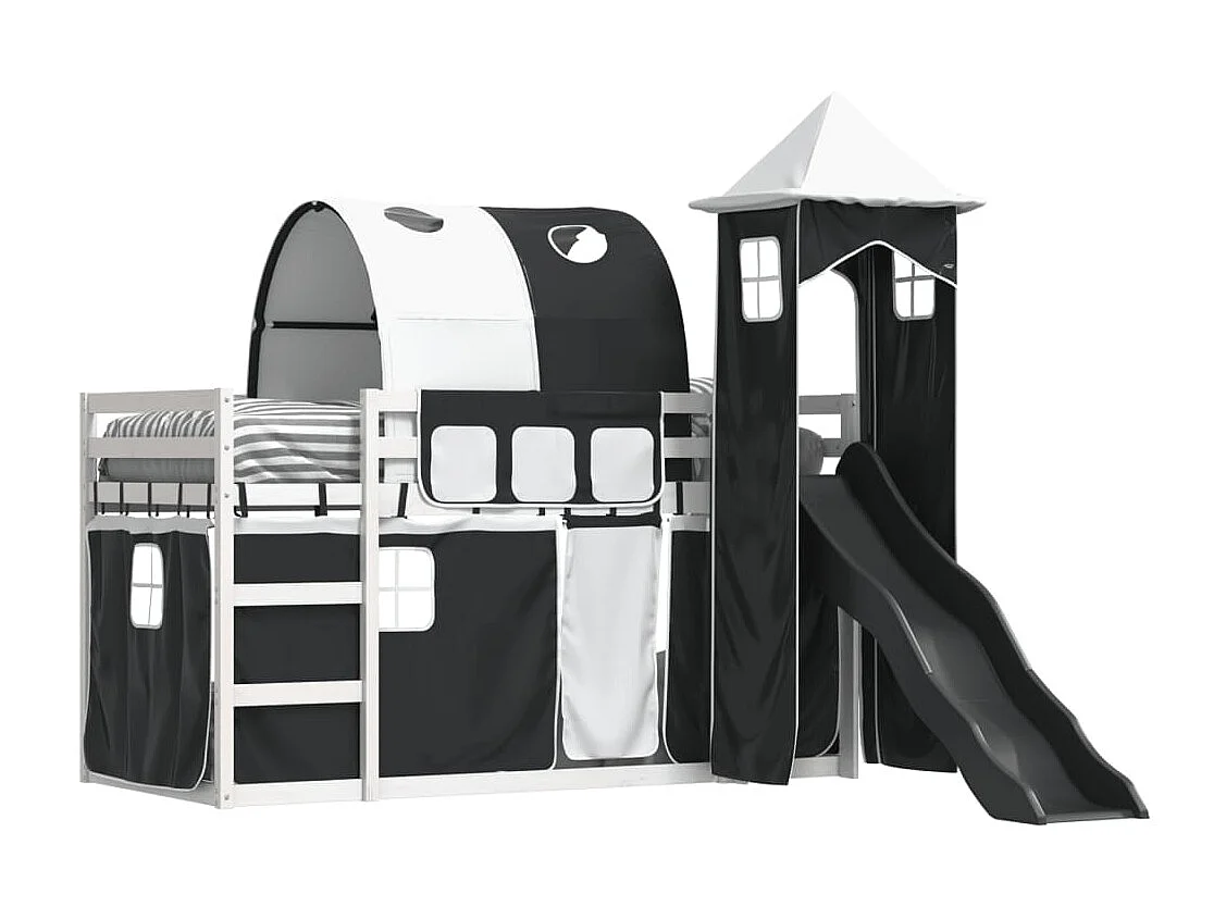 Letto a Castello con Scivolo e Tende Bianco e Nero 80x200 cm