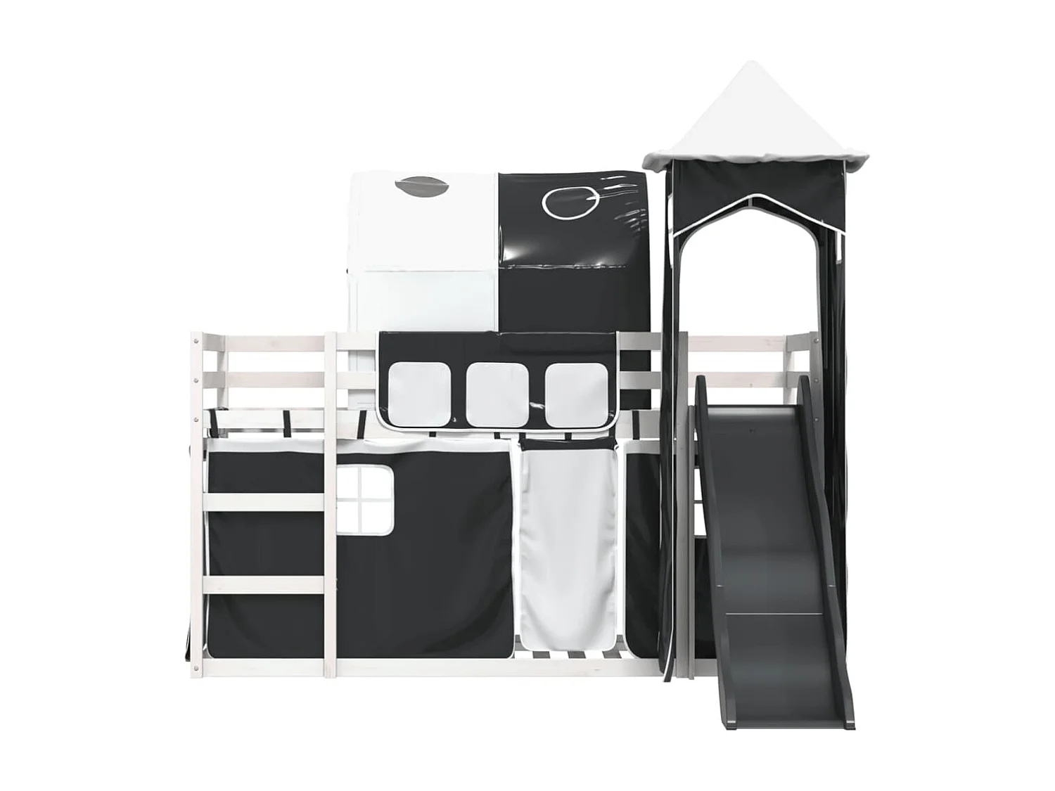 Letto a Castello con Scivolo e Tende Bianco e Nero 80x200 cm