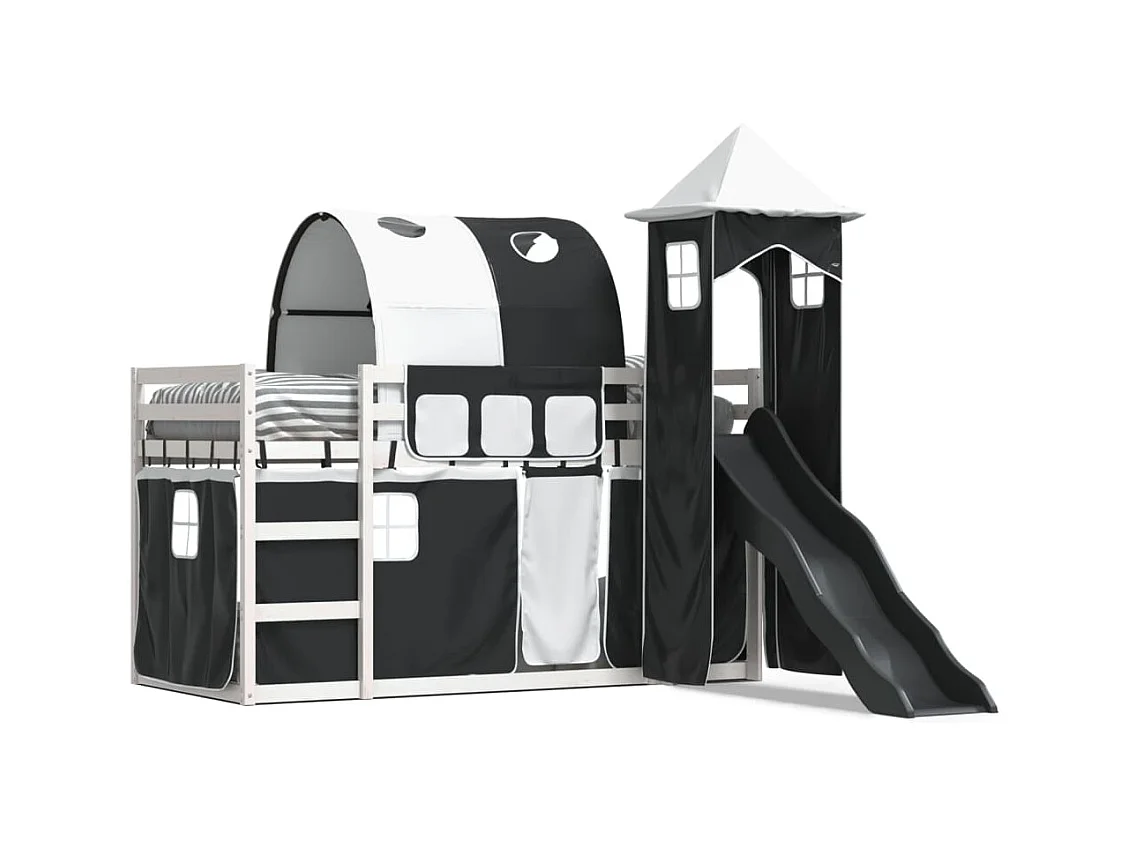 Letto a Castello con Scivolo e Tende Bianco e Nero 80x200 cm
