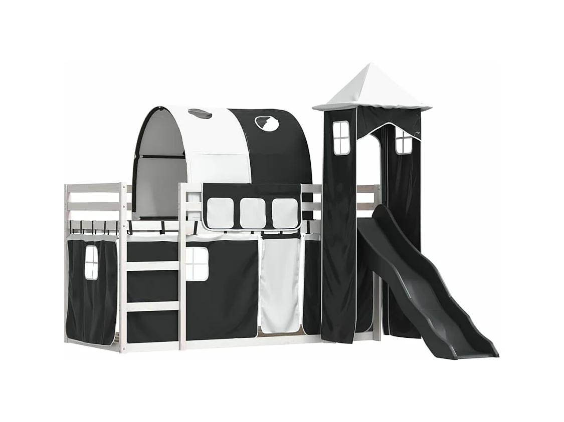 Letto a Castello con Scivolo e Tende Bianco e Nero 80x200 cm
