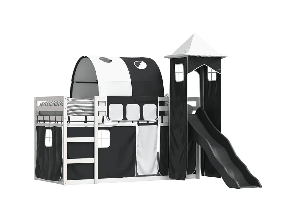 Letto a Castello con Scivolo e Tende Bianco e Nero 80x200 cm