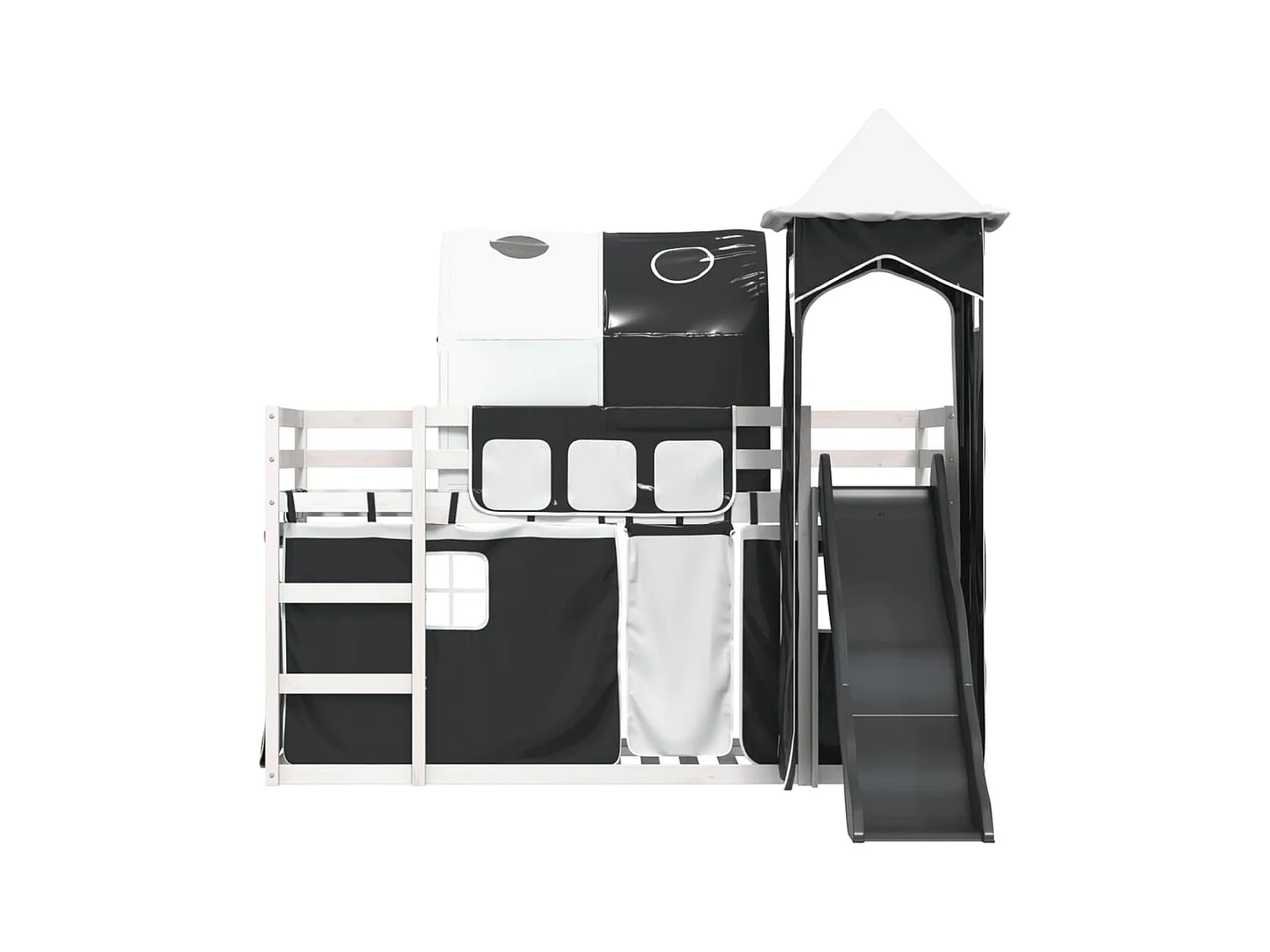 Letto a Castello con Scivolo e Tende Bianco e Nero 80x200 cm