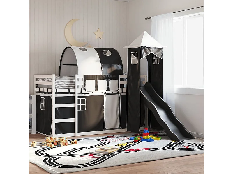 Letto a Castello con Scivolo e Tende Bianco e Nero 80x200 cm