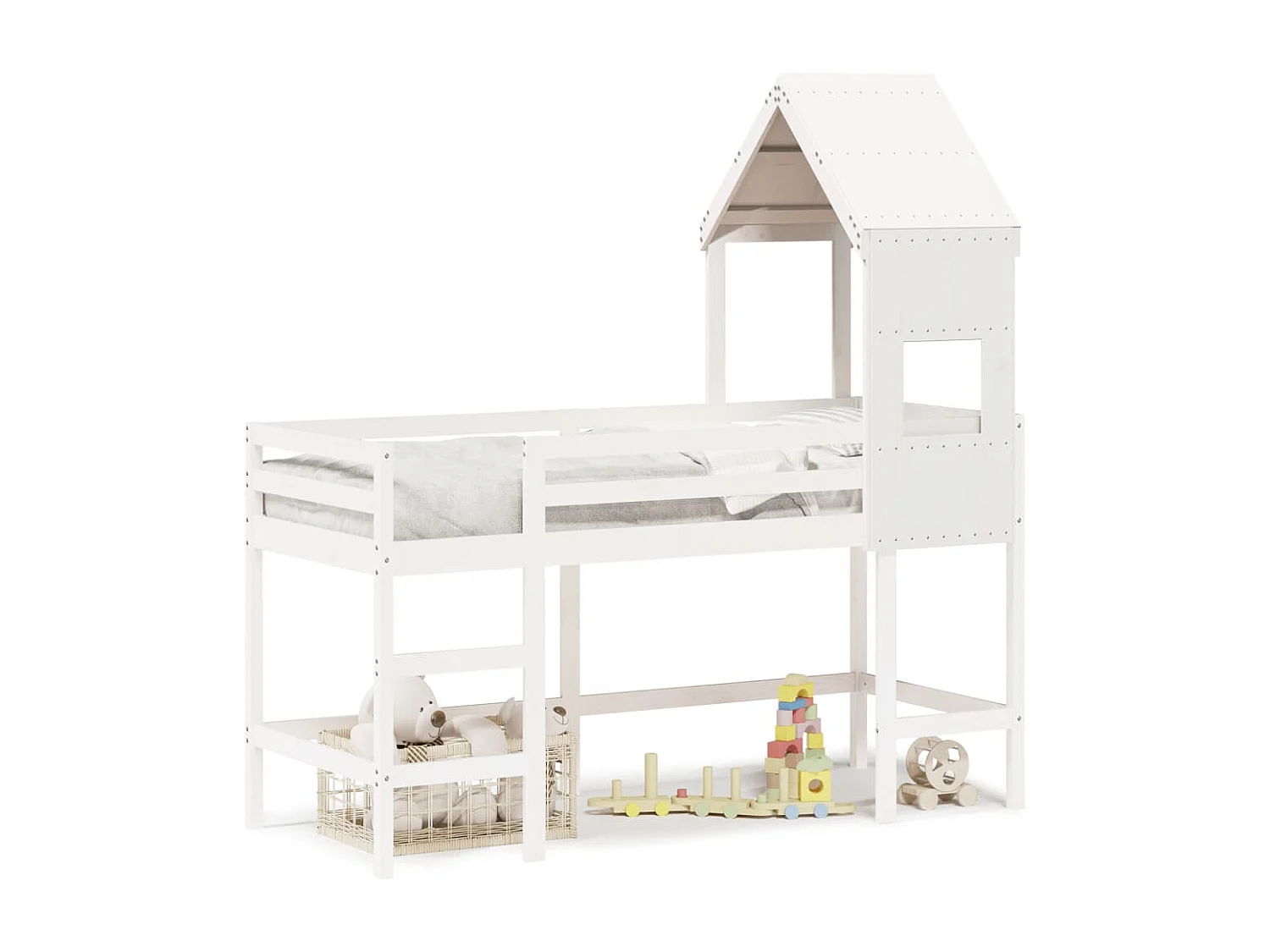 Letto Soppalco con Scala e Tetto Bianco 90x190 cm Massello Pino