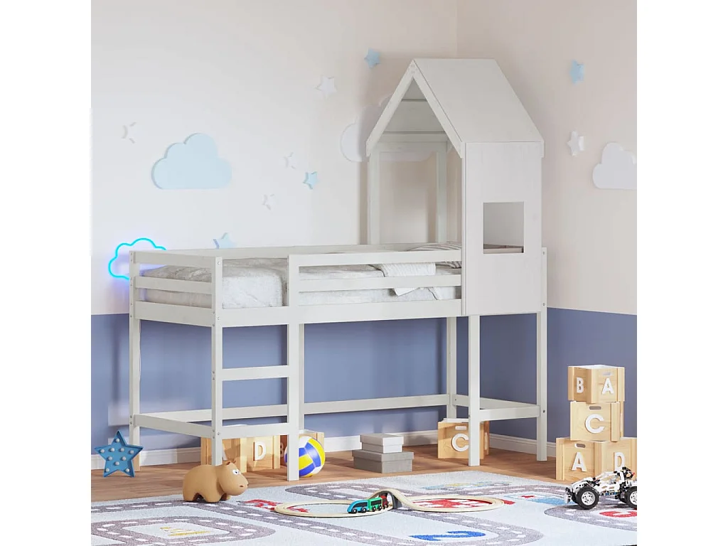 Lit superposé avec échelle et toit sans matelas blanc 90x190 cm