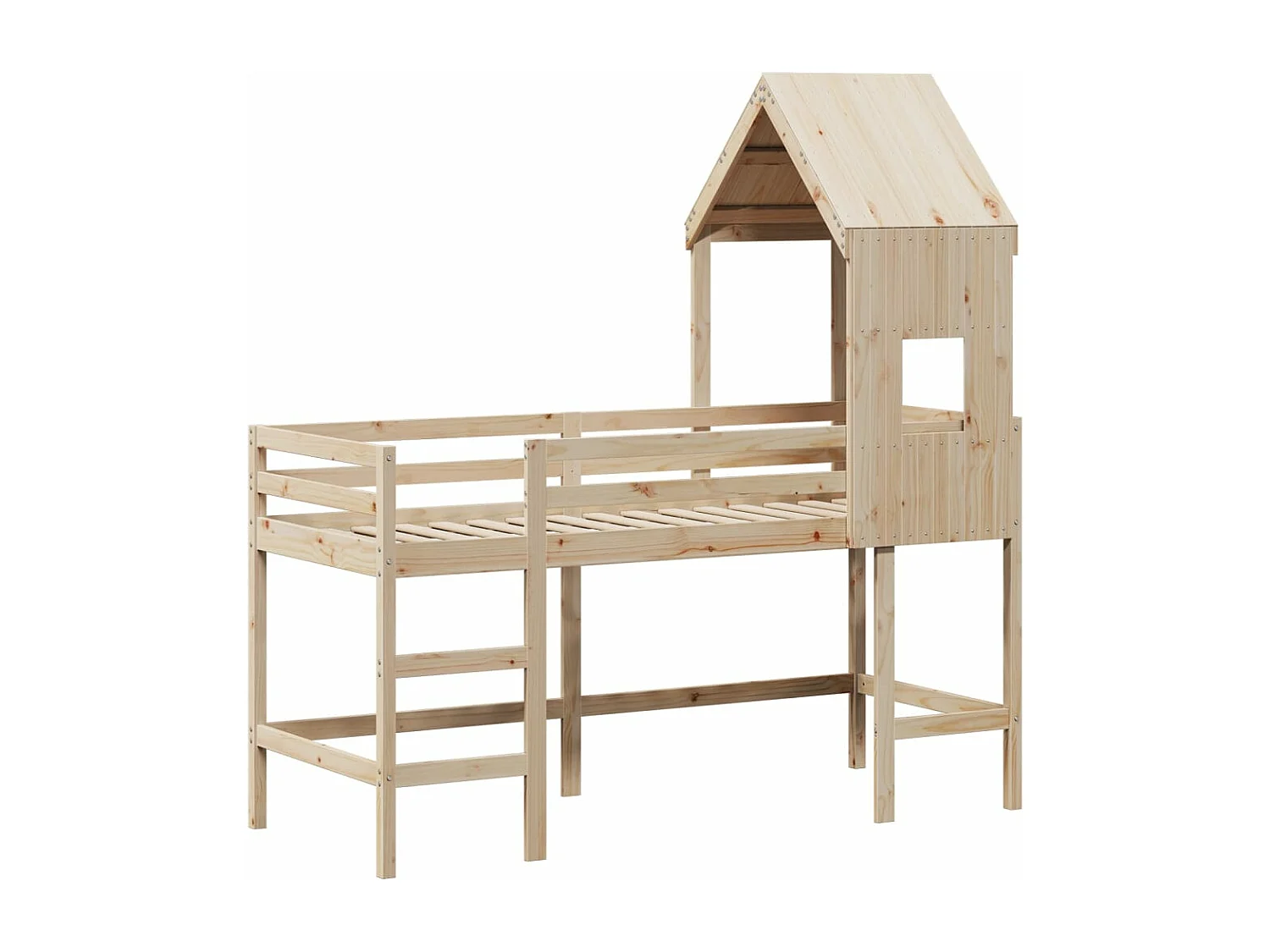 Cama alta c/ escada e telhado 90x200 cm pinho maciço