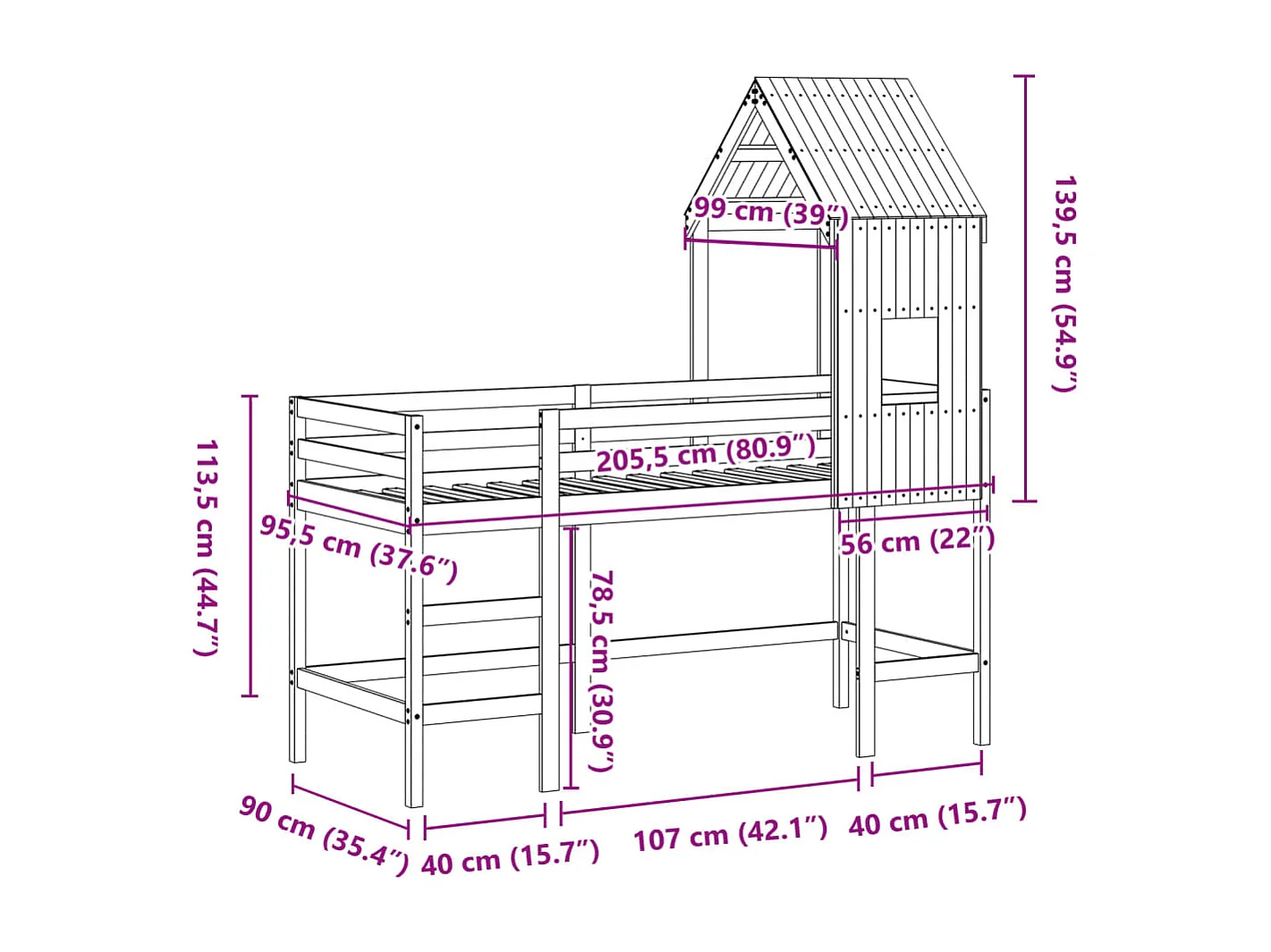 Cama alta c/ escada e telhado 90x200 cm pinho maciço