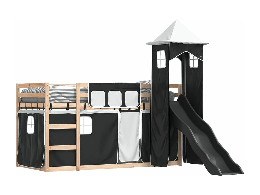 Lit superposé sans matelas avec toboggan blanc noir 80x200 cm