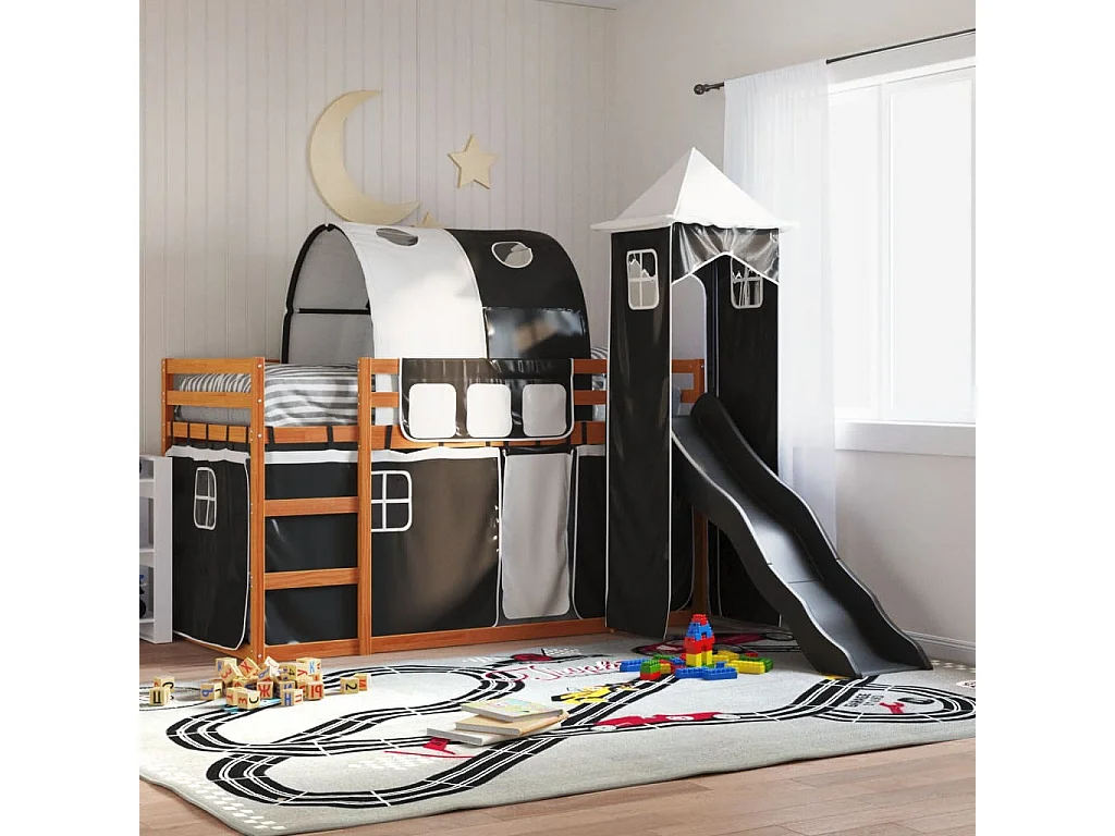 Beliche com escorrega e cortinas 90x190 cm branco e preto