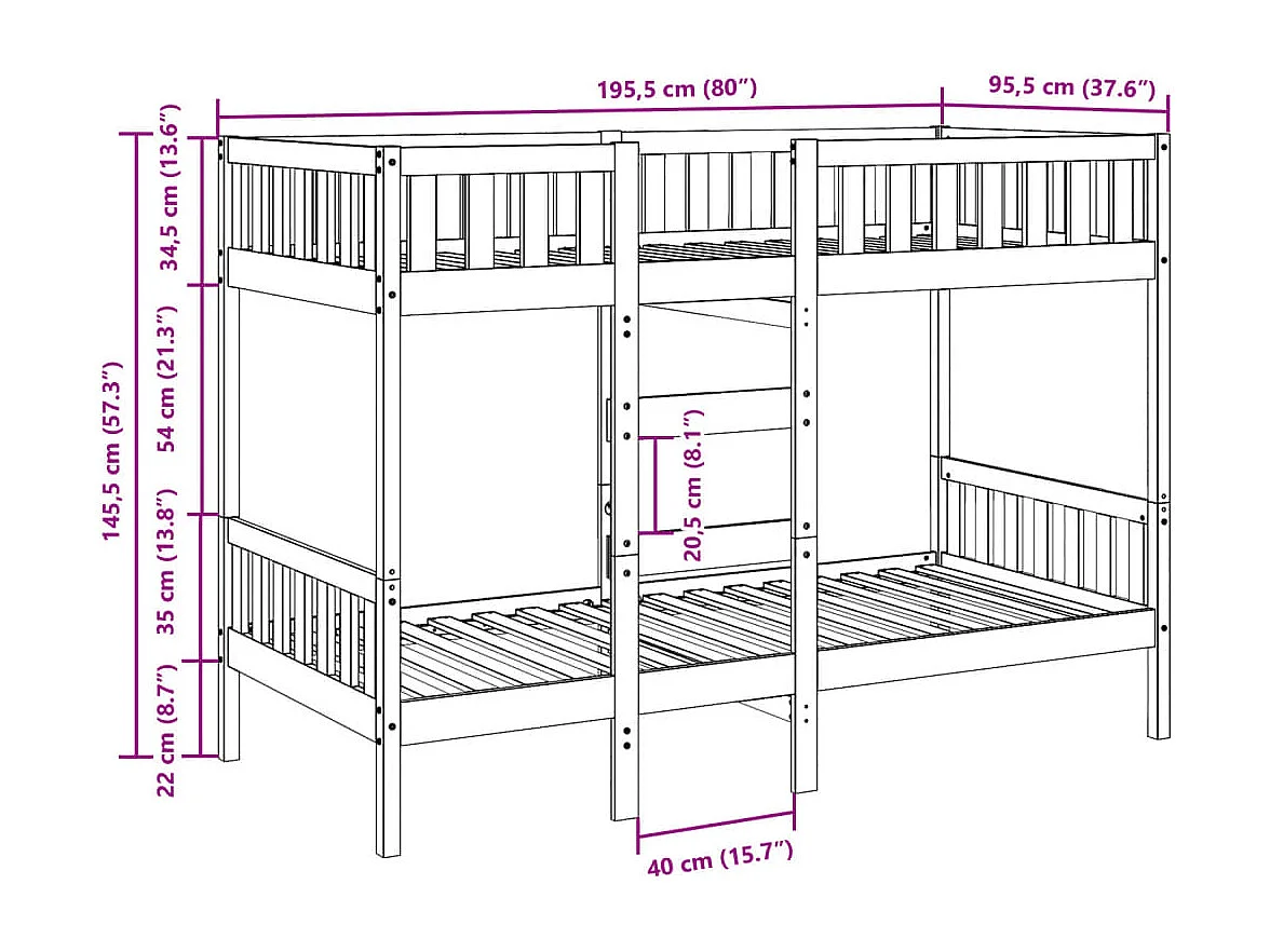 Letto a Castello Bianco 90x190 cm in Legno Massello di Pino