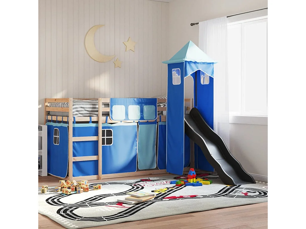 Letto a Castello con Scivolo e Tende Blu 90x200 cm