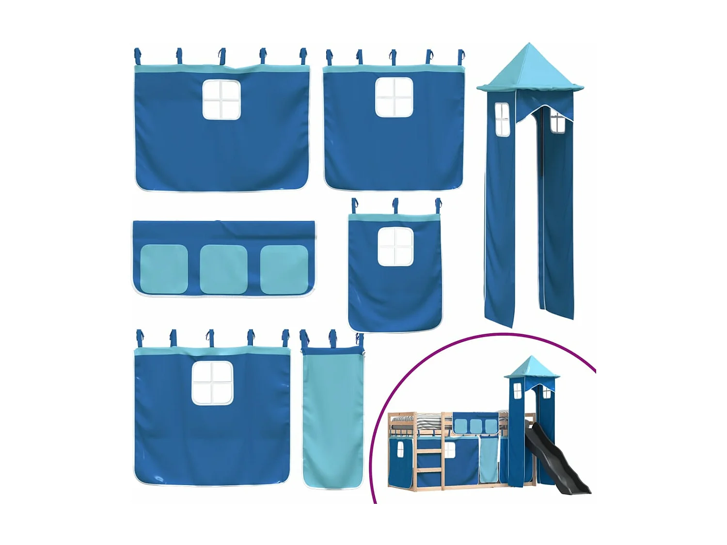 Letto a Castello con Scivolo e Tende Blu 90x200 cm