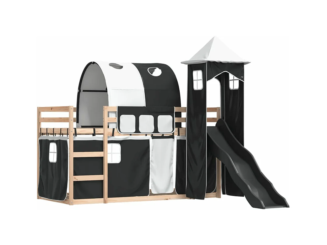 Lit superposé sans matelas avec toboggan blanc noir 90x190 cm