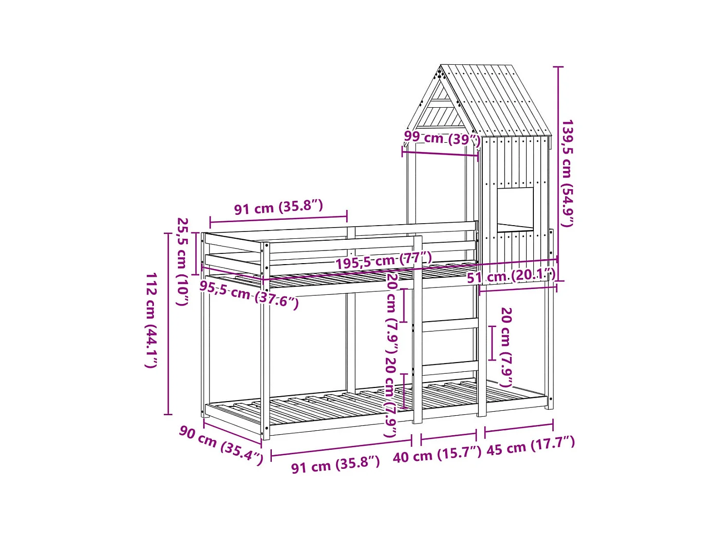 Lit superposé sans matelas 90x190 cm bois de pin massif