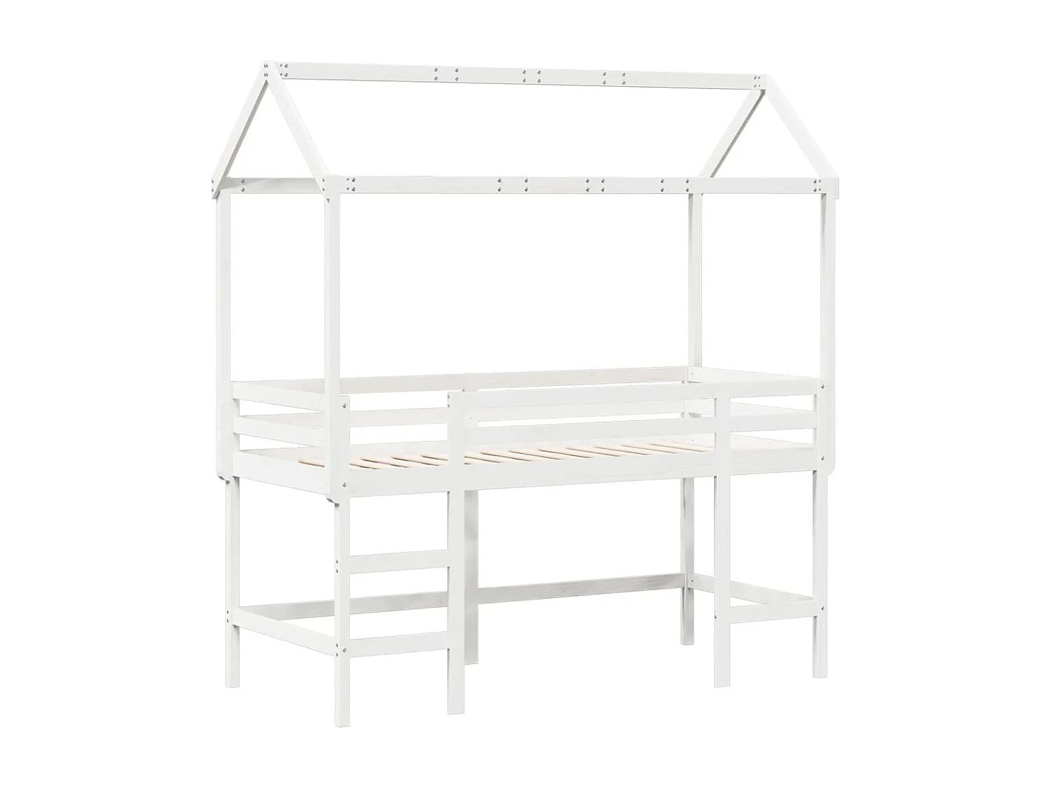 Letto Soppalco con Scala e Tetto Bianco 80x200 cm Massello Pino