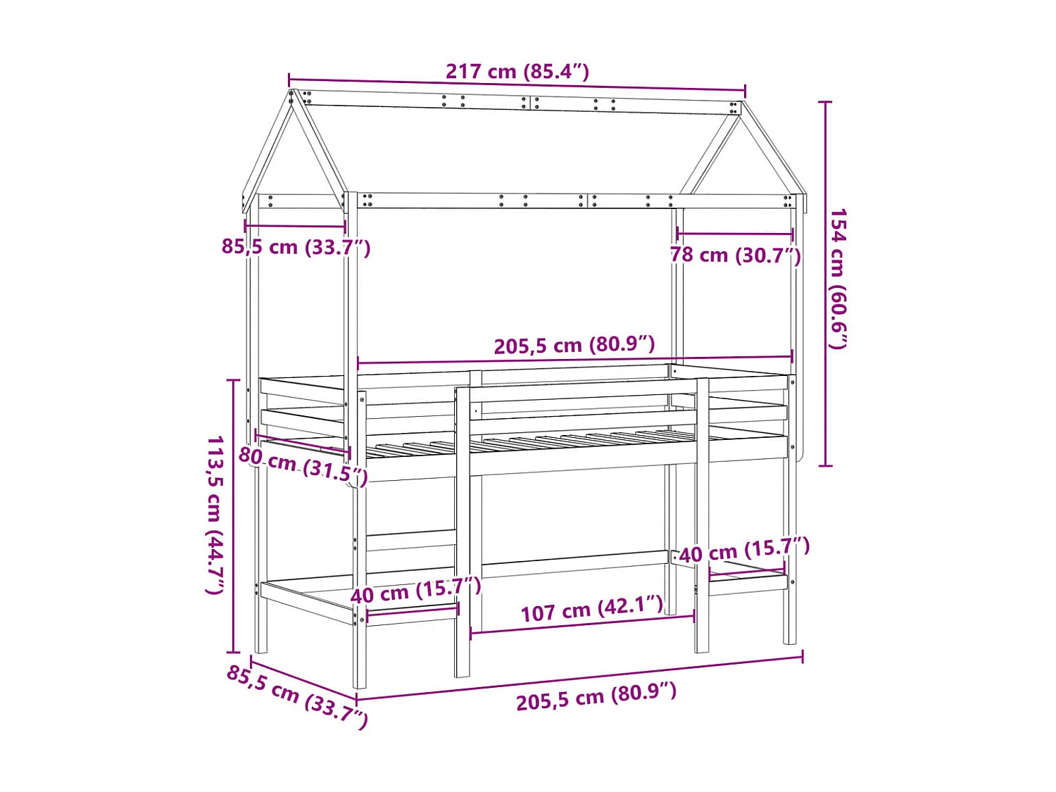 Letto Soppalco con Scala e Tetto Bianco 80x200 cm Massello Pino